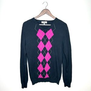 Le Chateau V Neck 100% Cotton Sweater Black  with Pink Argyle Small